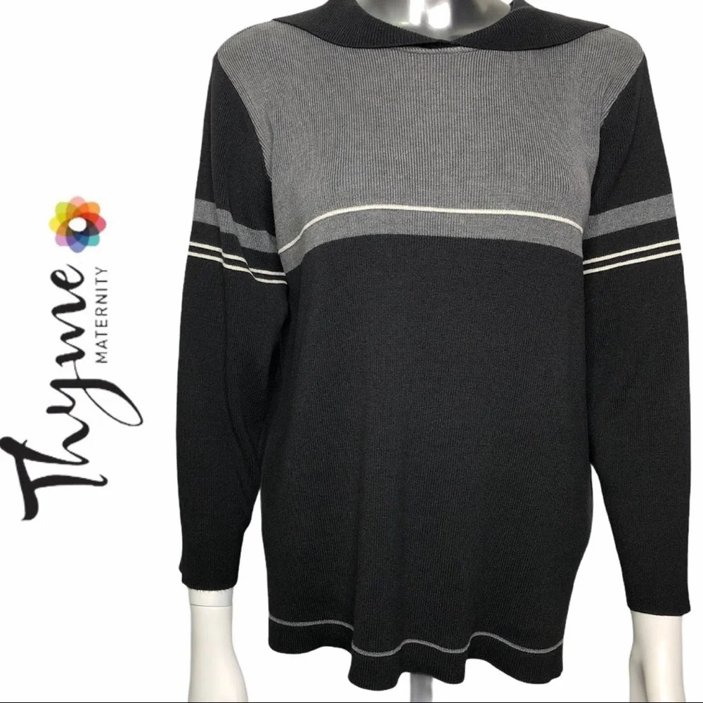 🛍️3/$40 Thyme Maternity Sweater Grey Stripe Hood Sweater Size Small